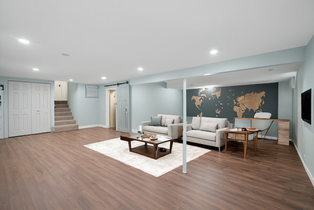9249 Kildare Ave, Skokie, IL 60077 - living room featuring wood finished floors, stairs, recessed lighting, and a barn door