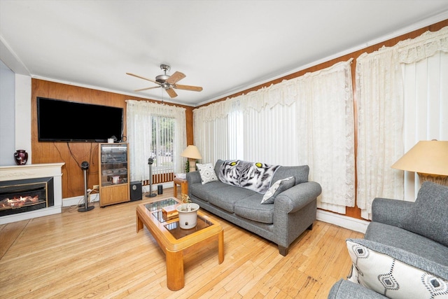 2142 N Mobile Ave, Chicago, IL 60639 - living area featuring hardwood / wood-style flooring, a glass covered fireplace, crown molding, ceiling fan, and a baseboard radiator