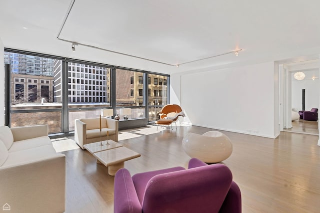 living area with rail lighting, wood finished floors, and expansive windows