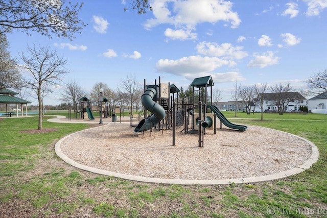 community jungle gym featuring a gazebo and a yard