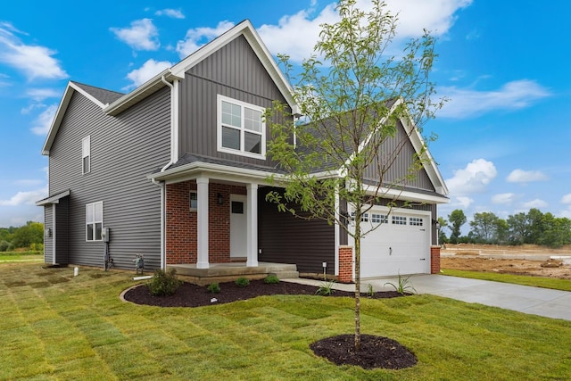 view of front facade featuring a garage, a front lawn, board and batten siding, a porch, and driveway