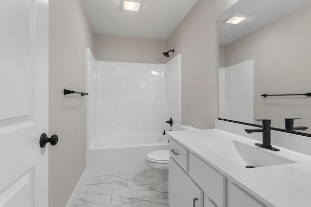 full bath featuring vanity, marble finish floor, bathtub / shower combination, and toilet