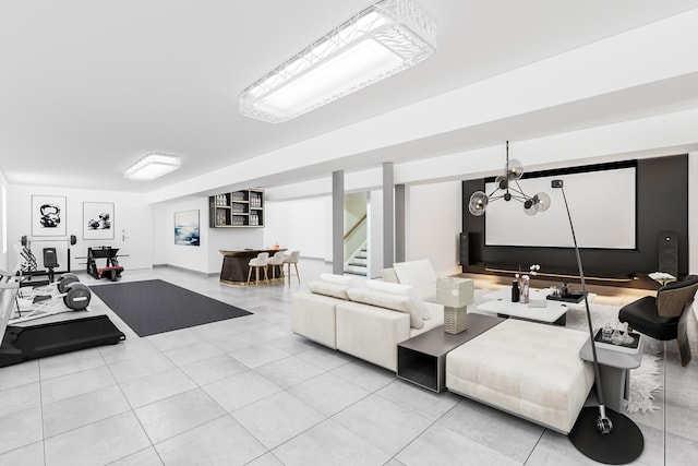 tiled living area with stairs