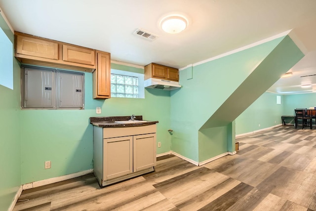 8151 S Bennett Ave, Chicago, IL 60617 - kitchen with a sink, light wood-style flooring, baseboards, under cabinet range hood, and visible vents