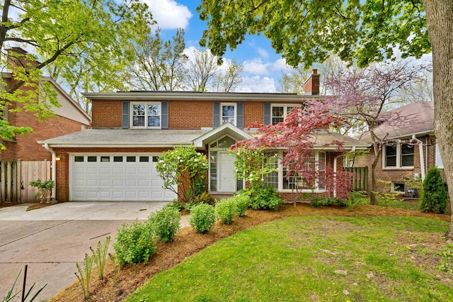 traditional-style house with concrete driveway, an attached garage, a chimney, and brick siding