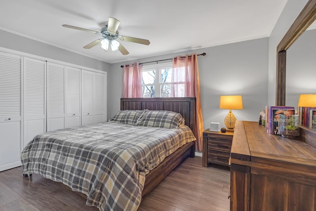 bedroom with ceiling fan, a closet, ornamental molding, and wood finished floors