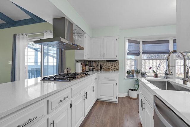 kitchen featuring tasteful backsplash, white cabinetry, appliances with stainless steel finishes, island exhaust hood, and a sink