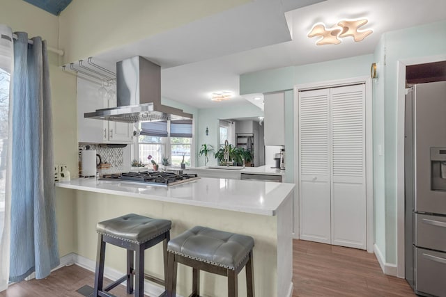 kitchen featuring island exhaust hood, a peninsula, light countertops, appliances with stainless steel finishes, and wood finished floors