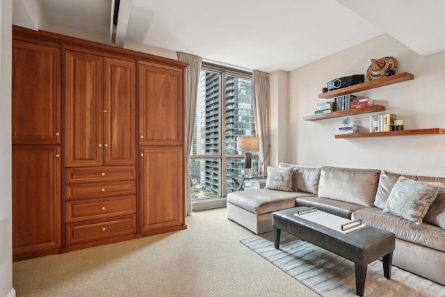 living area with plenty of natural light and light colored carpet