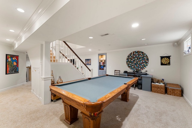 rec room featuring crown molding, visible vents, recessed lighting, and light colored carpet