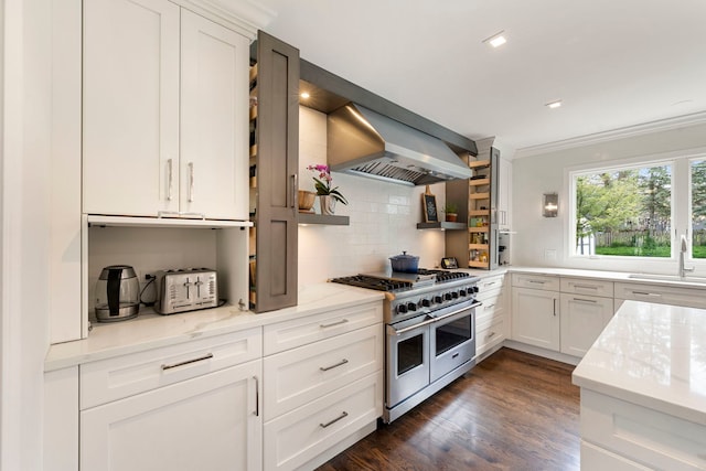 kitchen featuring double oven range, range hood, open shelves, tasteful backsplash, and a sink