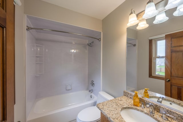 full bathroom with toilet,  shower combination, and vanity