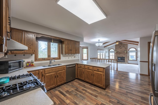 kitchen featuring appliances with stainless steel finishes, a sink, a peninsula, open floor plan, and dark wood-type flooring