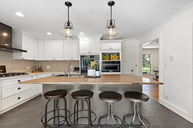 506 Aberdeen Rd, Frankfort, IL 60423 - kitchen featuring black appliances, wall chimney range hood, a sink, backsplash, and white cabinets