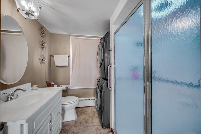 824 Rowlett Ave, Melrose Park, IL 60164 - full bathroom featuring a shower with shower door, vanity, baseboard heating, toilet, and stacked washer / drying machine