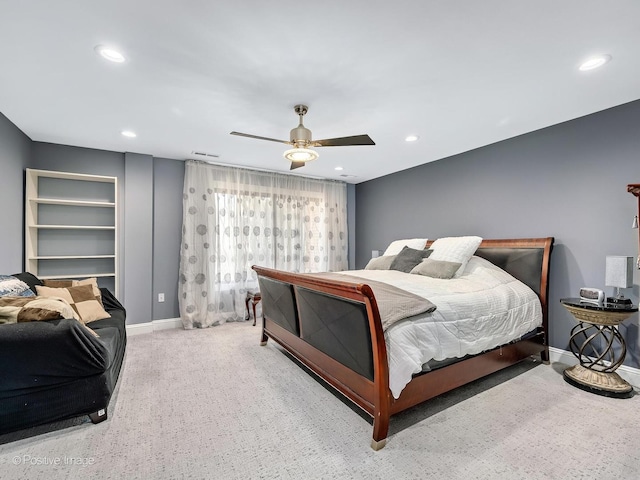 bedroom with baseboards, recessed lighting, ceiling fan, and carpet floors