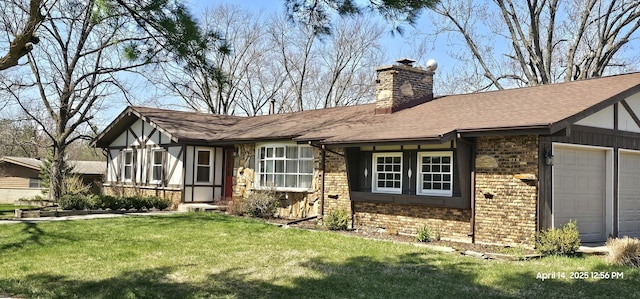 view of side of property featuring an attached garage, a lawn, a chimney, and brick siding