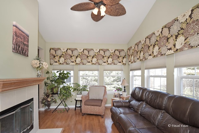459 E Amberside Dr, Elgin, IL 60124 - living area with vaulted ceiling, a ceiling fan, wood finished floors, and a tile fireplace
