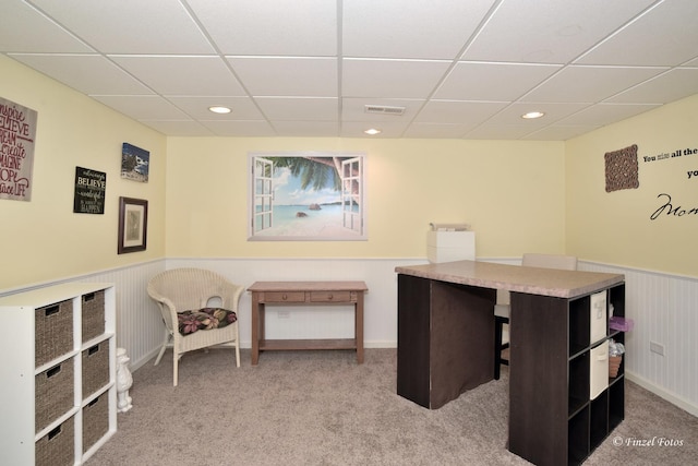 459 E Amberside Dr, Elgin, IL 60124 - home office with a paneled ceiling, wainscoting, light colored carpet, and recessed lighting