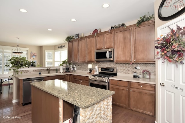 459 E Amberside Dr, Elgin, IL 60124 - kitchen with stainless steel appliances, a peninsula, decorative backsplash, wood finished floors, and recessed lighting