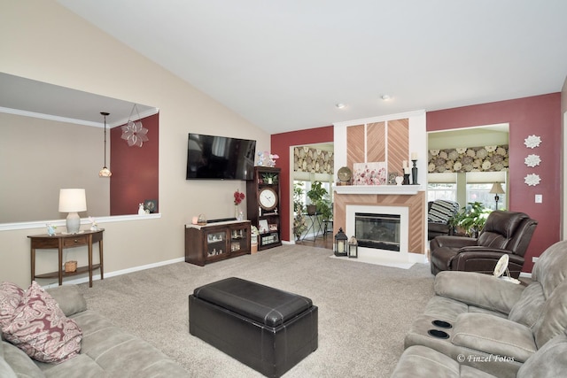 459 E Amberside Dr, Elgin, IL 60124 - living room with carpet floors, a tile fireplace, and lofted ceiling