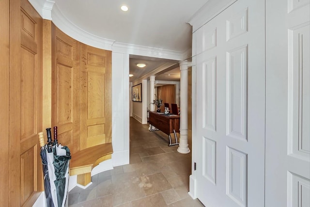 351 W Belden Ave, Chicago, IL 60614 - corridor with decorative columns, stone finish flooring, and recessed lighting