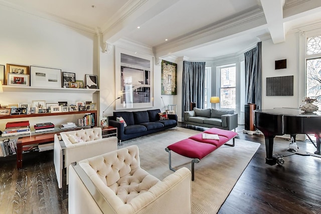 351 W Belden Ave, Chicago, IL 60614 - living area with wood finished floors, beamed ceiling, ornamental molding, and a wealth of natural light