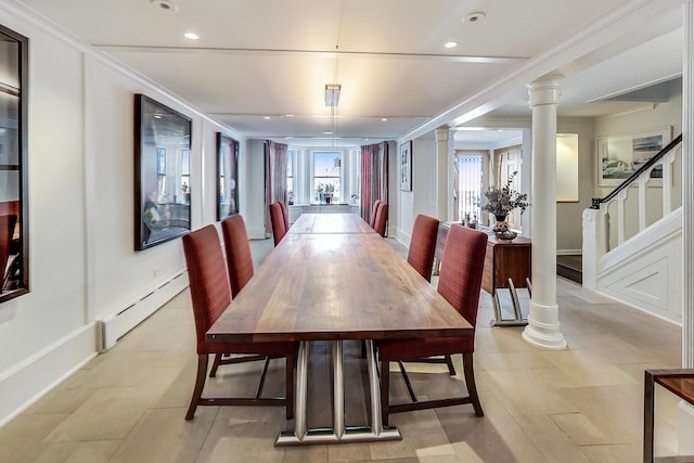 351 W Belden Ave, Chicago, IL 60614 - dining room featuring a baseboard radiator, ornate columns, recessed lighting, and stairs