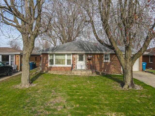 ranch-style home with brick siding, driveway, and a front lawn