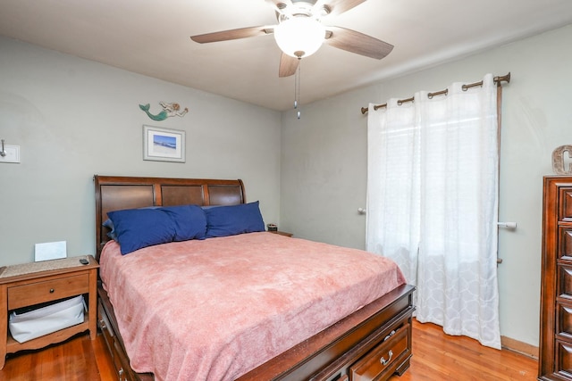 bedroom featuring ceiling fan and light wood-type flooring