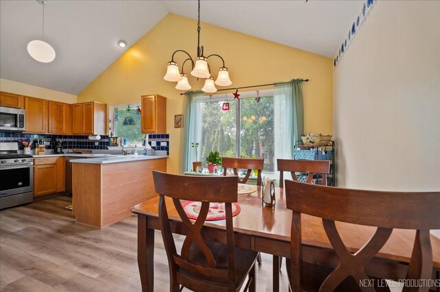 19 Vernon Ct, South Elgin, IL 60177 - kitchen featuring stainless steel appliances, light wood-type flooring, high vaulted ceiling, decorative backsplash, and a chandelier
