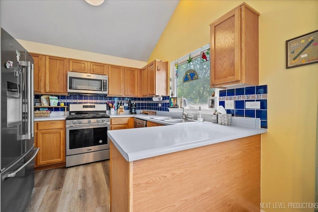 19 Vernon Ct, South Elgin, IL 60177 - kitchen featuring stainless steel appliances, tasteful backsplash, a peninsula, lofted ceiling, and light countertops
