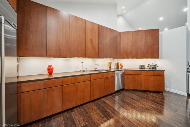 14567 S 82nd Ave, Orland Park, IL 60462 - kitchen with a sink, brown cabinetry, stainless steel appliances, dark wood-type flooring, and recessed lighting