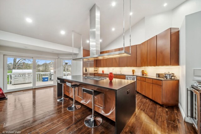 14567 S 82nd Ave, Orland Park, IL 60462 - kitchen with brown cabinets, a spacious island, stainless steel appliances, range hood, and dark wood-type flooring