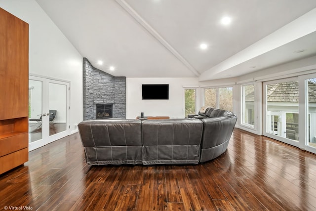 14567 S 82nd Ave, Orland Park, IL 60462 - living area with dark wood-type flooring, a fireplace, high vaulted ceiling, and french doors