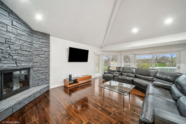 14567 S 82nd Ave, Orland Park, IL 60462 - living area featuring beam ceiling, baseboards, high vaulted ceiling, wood finished floors, and a fireplace