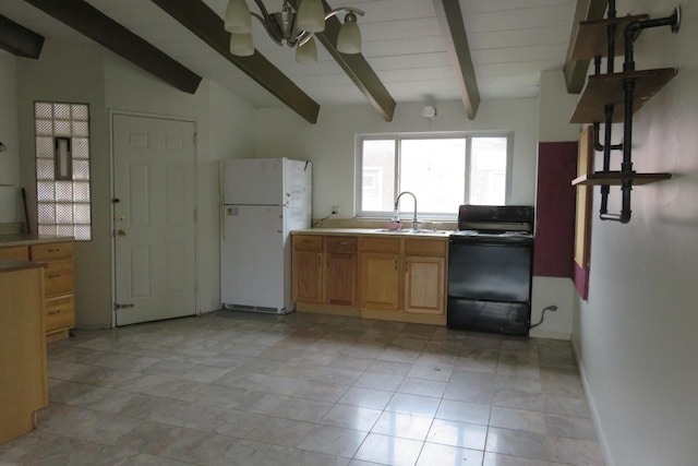1921 W Hood Ave Unit 3B, Chicago, IL 60660 - kitchen featuring ceiling fan, electric range, a sink, freestanding refrigerator, and vaulted ceiling with beams
