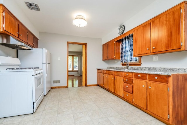 kitchen with brown cabinets, a sink, white appliances, light countertops, and under cabinet range hood