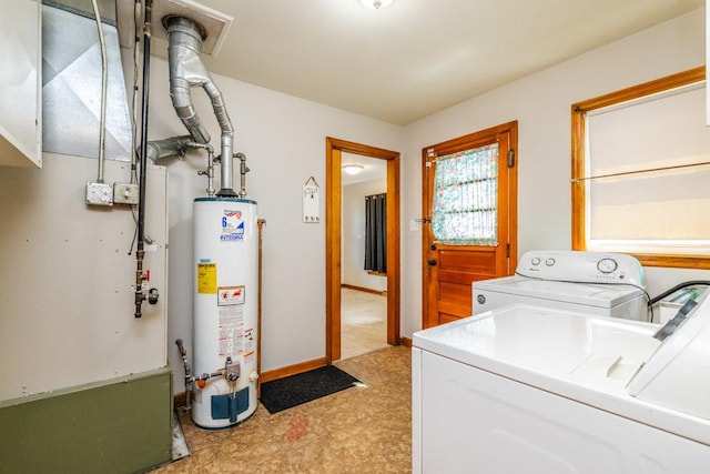 laundry room with laundry area, washing machine and dryer, baseboards, light floors, and water heater