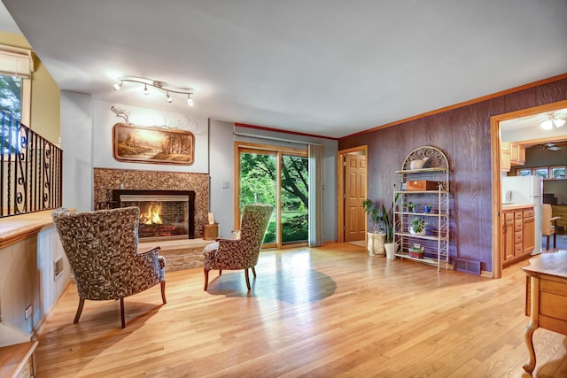 13344 S Stephen Dr, Palos Park, IL 60464 - sitting room featuring wood walls, a lit fireplace, light wood-style floors, and crown molding