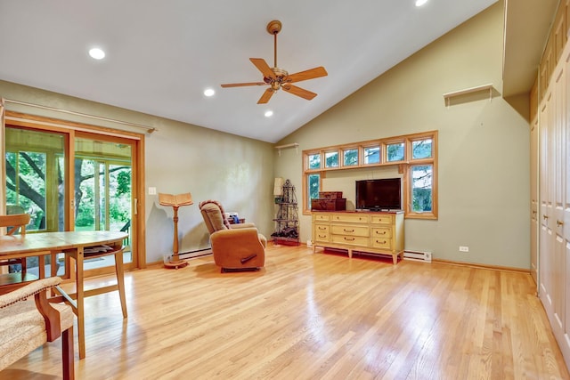 13344 S Stephen Dr, Palos Park, IL 60464 - living area with ceiling fan, light wood-type flooring, high vaulted ceiling, recessed lighting, and baseboard heating