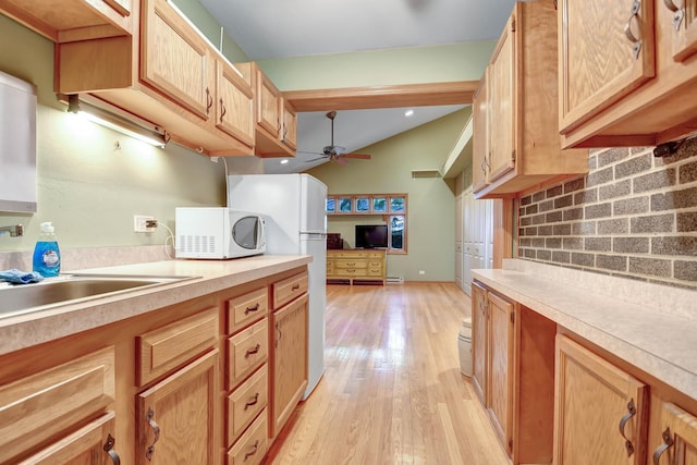 13344 S Stephen Dr, Palos Park, IL 60464 - kitchen featuring white appliances, a ceiling fan, light countertops, light wood-style flooring, and lofted ceiling