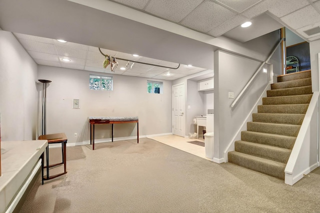 13344 S Stephen Dr, Palos Park, IL 60464 - below grade area with a drop ceiling, stairway, carpet, and recessed lighting