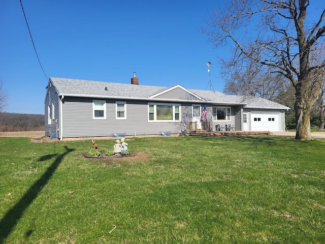5890 S Il Route 2, Oregon, IL 61061 - ranch-style home with an attached garage, a chimney, and a front lawn