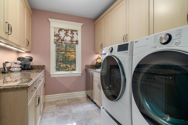 14705 W Mayland Villa Rd, Lincolnshire, IL 60069 - laundry room featuring cabinet space, washer and clothes dryer, baseboards, and light marble finish floors