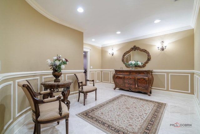 14705 W Mayland Villa Rd, Lincolnshire, IL 60069 - sitting room with a decorative wall, ornamental molding, recessed lighting, a wainscoted wall, and light marble finish flooring