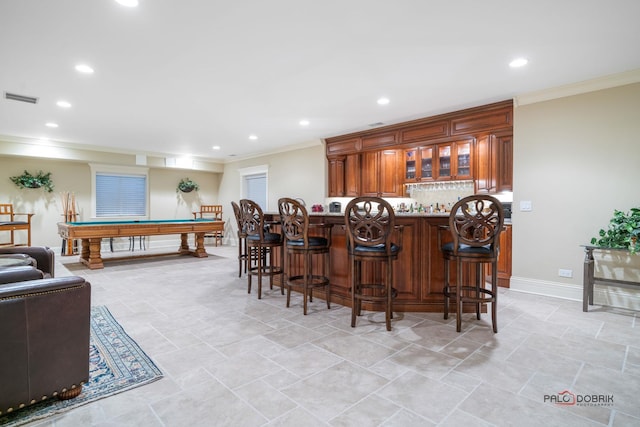 14705 W Mayland Villa Rd, Lincolnshire, IL 60069 - indoor wet bar with ornamental molding, billiards, tasteful backsplash, recessed lighting, and baseboards