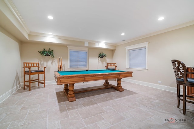 14705 W Mayland Villa Rd, Lincolnshire, IL 60069 - rec room featuring ornamental molding, billiards, recessed lighting, baseboards, and light stone finish floors