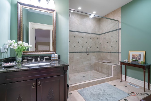 14705 W Mayland Villa Rd, Lincolnshire, IL 60069 - bathroom with a shower stall, vanity, recessed lighting, and baseboards