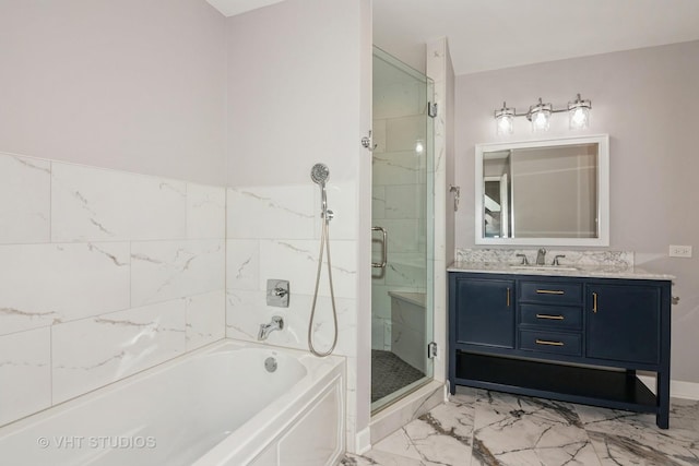 full bathroom with vanity, a shower stall, a bath, and marble finish floor